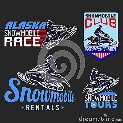 Set of winter snowmobile emblems, badges and icons. Vector Illustration