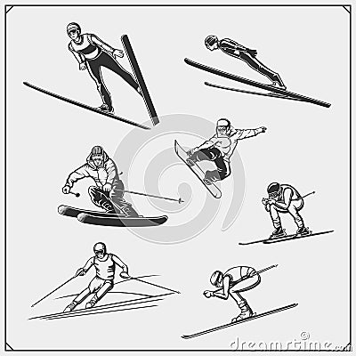 Set of Winter sport athlete silhouettes. Ski jumping, downhill, slalom, skiing emblems. Print design for t-shirt. Sport club emble Vector Illustration