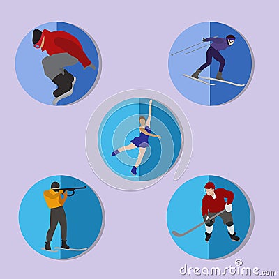 Set of winter sport icons. Snowboarding, skiing, skating, biathlon, hockey Vector Illustration