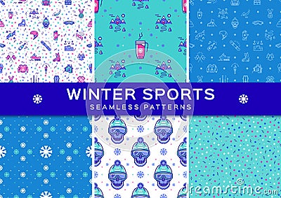 Set winter sport seamless patterns. Holiday recreation fun, ski, snowboard Vector Illustration
