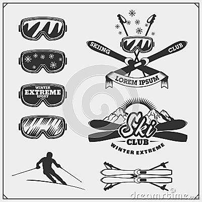 Set of winter sports emblems, labels and design elements. Skiing, downhill, slalom. Vector Illustration