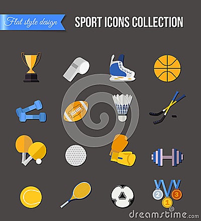 Set of winter and summer sport isolated icons. Hockey-stick, baseball, volleyball, badminton, rugby. Flat style design. Vector Illustration