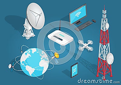 Set of Wireless Connection in Flat Cartoon Style Vector Illustration