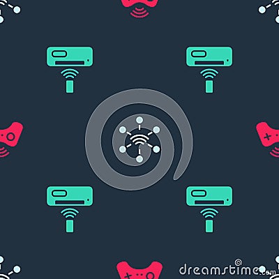Set Wireless gamepad, Network and Air conditioner on seamless pattern. Vector Vector Illustration