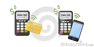Set of wireless payment methods, bank credit card and smartphone. Contactless payment concept. Vector Illustration
