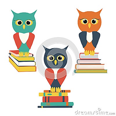 Set of wise owl on a stack of books. Owl characters. Back to school flat jpeg illustration Cartoon Illustration