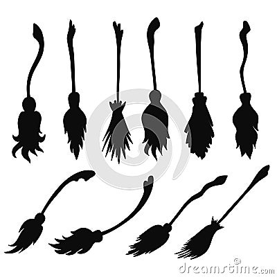 Set of witch brooms for halloween card design on white, stock vector illustration Vector Illustration