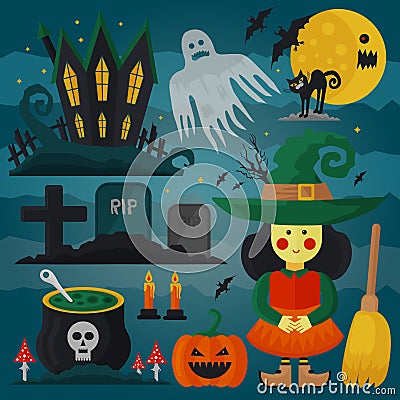 Set of witch, cat, zombie, pumpkin and other different spooky decorations and elements for Halloween. Vector horror card Vector Illustration