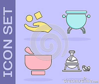 Set Witch cauldron and magic stone, Cube levitating above hand, Magic mortar and pestle and Witch cauldron icon. Vector Vector Illustration