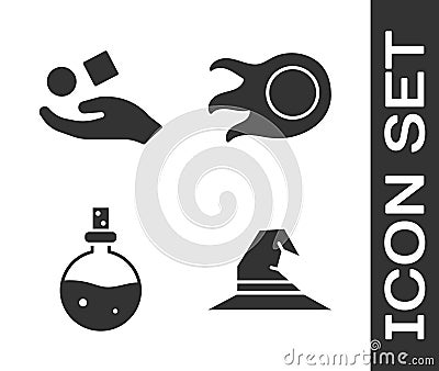 Set Witch hat, Cube levitating above hand, Bottle with love potion and Fireball icon. Vector Vector Illustration