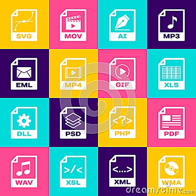 Set WMA file document, PDF, XLS, AI, MP4 and EML icon. Vector Vector Illustration