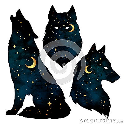 Set of wolf silhouettes with crescent moon and stars Vector Illustration