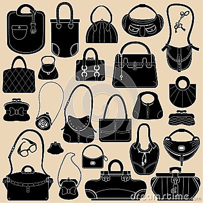 Set of woman bags and handbags. Vector Illustration