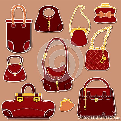 Set of woman bags and handbags. Vector Illustration