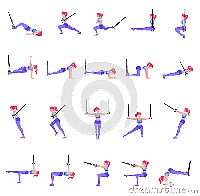 Set of woman doing different exercises with gymnastic rings TRX Vector Illustration
