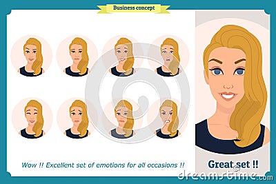 Set of woman expression isolated on white.Cute blonde emotional female head. vector face girl, angry, cry,smiling.Businesswoman Vector Illustration