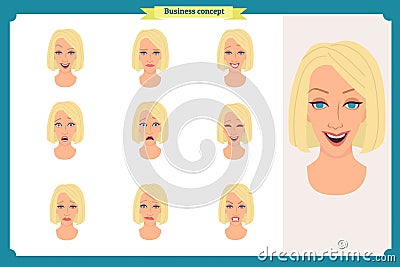 Set of woman expression isolated on white.Cute blonde emotional female head. vector face girl, angry, cry,smiling.Businesswoman Vector Illustration