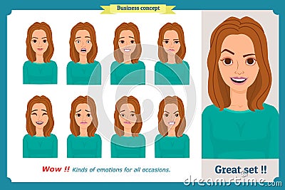Set of woman expression isolated on white. Flat design. Cute vector face girl,angry, sad, smiling. Businesswoman character Vector Illustration