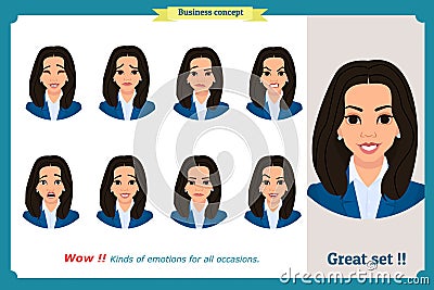 Set of woman expression isolated.Young emotion portraits.Flat design.Businesswoman character Vector Illustration