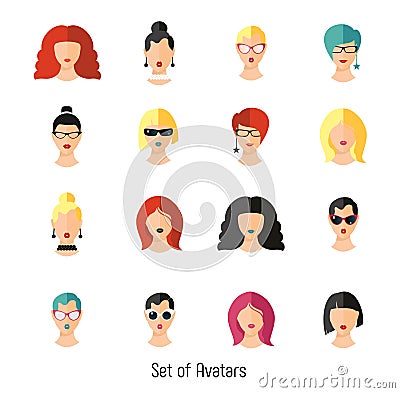 Set woman face hairstylein color. Girls vector illustration. Trend flat style. Vector Illustration