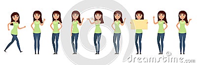 Set of woman, girl in casual clothes in different poses. A character for your design project. Vector illustration in flat and cart Cartoon Illustration