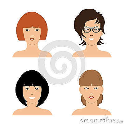 Set of woman hair styling. Four different images of girls Vector Illustration