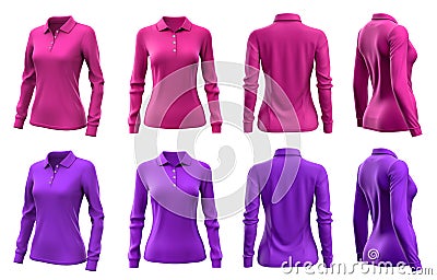 2 Set of woman magenta purple pink front, back and side view collar long sleeve slim fit polo tee shirt on transparent PNG Stock Photo