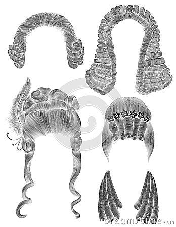 Set woman and man hairs . black pencil drawing sketch . medieval style rococo baroque wig curls hairstyle Vector Illustration
