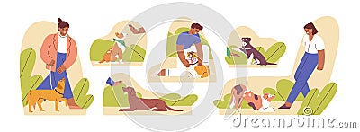 Set of woman and man teaching domestic animal vector flat illustration. Collection of caring owners and pets playing Vector Illustration