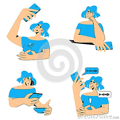 Set of woman with phone - concept of addiction to smartphones and social networks Vector Illustration