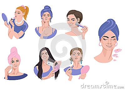 Set of woman portraits in blue clothes doing makeup. Brushing hair, wearing lipstick, powdering face Vector Illustration