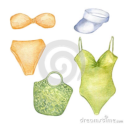 Set of woman's beachwear watercolor illustration isolated on white. Summer style of swimsuits, bikini, cap and bag Cartoon Illustration