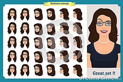 Set of woman`s emotions design. Facial expression. Girl Business.Front, side, profile view animated character. Vector illustration Vector Illustration