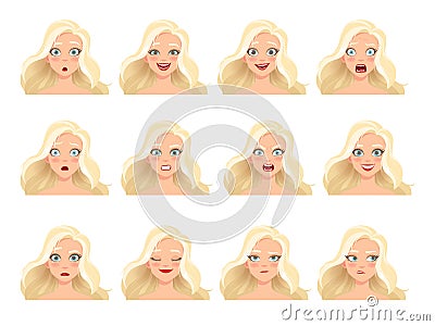 Set of woman`s emotions. Facial expression. Girl Avatar. Vector illustration of a cartoon style Vector Illustration