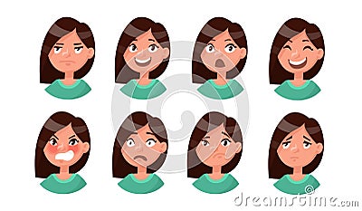 Set of woman's emotions. Facial expression. Girl Avatar. Vector Cartoon Illustration