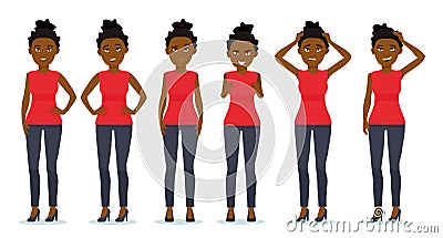 Set of woman`s emotions. Facial expression. Set of beautiful african-american girl emotional portraits. Positive and Vector Illustration