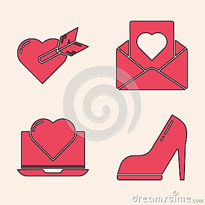 Set Woman shoe with high heel, Amour with heart and arrow, Envelope with heart and Laptop with heart icon. Vector Stock Photo