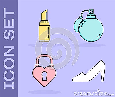 Set Woman shoe, Lipstick, Castle in the shape of a heart and Perfume icon. Vector Vector Illustration