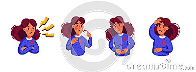 Set of woman suffering from various symptoms during menstrual cycle such as headache, lower back pain, cramps, mood Vector Illustration