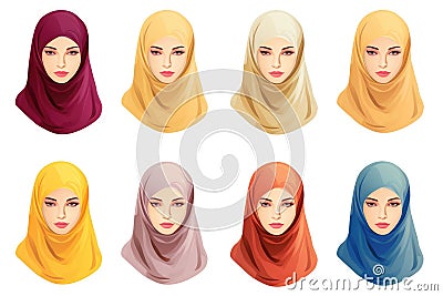 Set of woman wearing colorful hijab icon, hijab logo set isolated on white background. Muslim veil Stock Photo