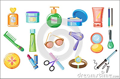 Set of women accessories, skincare and hygiene products. Bathroom cosmetics, perfume, comb, sunglasses, lipstick Vector Illustration