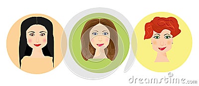 Set of women avatars with different hairstyle. Website avatar symbols. Woman web media element collection. Vector Illustration