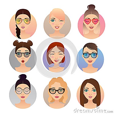 Set of 9 women avatars, people characters Vector Illustration