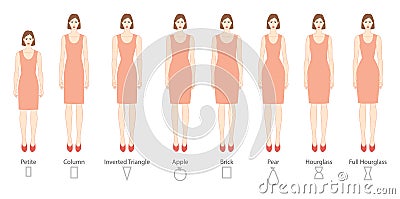 Set of Women body shape types: apple, pear, column, brick, hourglass, inverted triangle, petite in pink dress. Female Vector Illustration