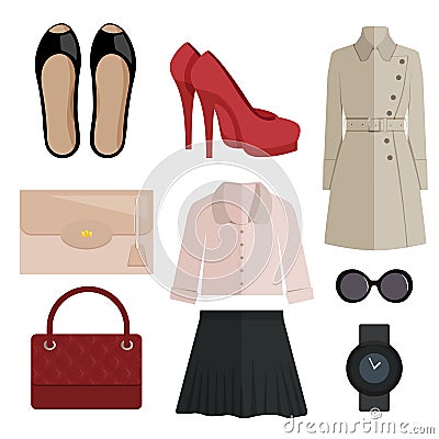 Set of women clothing and accessories, flat style Vector Illustration