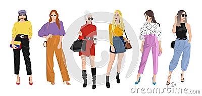 Set of women dressed in stylish trendy clothes - fashion street style Vector Illustration