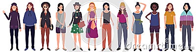 Set of women dressed in trendy casual clothes. Flat cartoon vector Vector Illustration