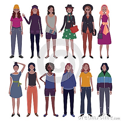 Set of women dressed in trendy casual clothes. Flat cartoon vector Vector Illustration