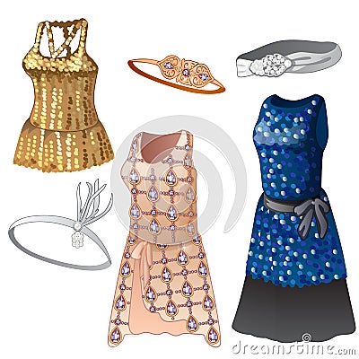 Set of women dresses and belts. Collection of classic clothes for girls, different colors, with sparkles Vector Illustration