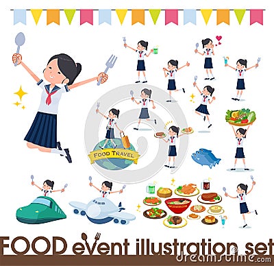 Flat type school girl Sailor suit summer_food festival Vector Illustration